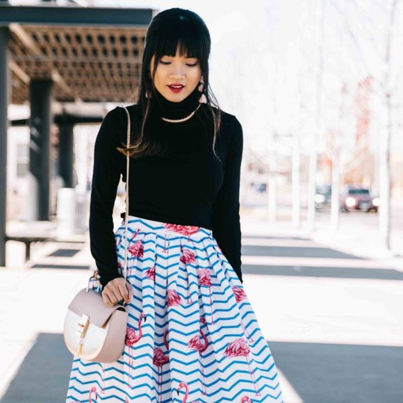 Pink Flamingo Nautical Blue White Stripe High Waisted Full Midi Skirt - Picture 6 of 16